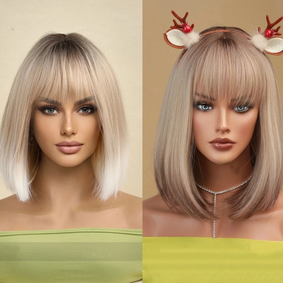 

Straight Bob Short Ombre Platinum Blonde with bang Synthetic Fanshion Wigs