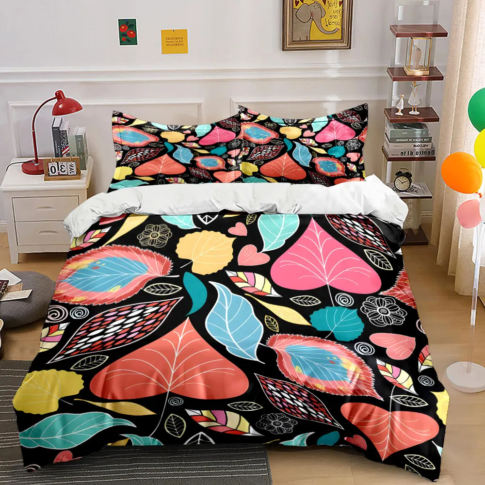 Colorful Leaves and Floral Pattern Background Duvet Cover Set 1 Duvet Cover+2 Pillowcase Multi Size Bedroom Bedding Decor