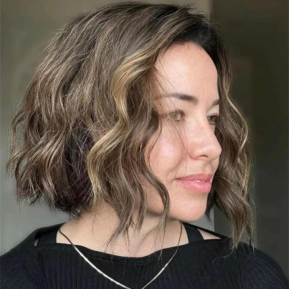 Brunette Bob Curly Wig Mix Human Hair Chocolate Brown Blonde Highlights Fiber Synthetic Lace Front Wigs Short Women Wigs Wear&Go
