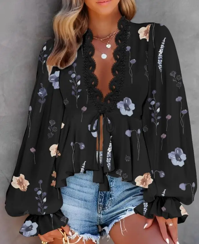 

Floral Print V-Neck Blouse Lantern Sleeve Casual Contrast Lace Tied Detail Women's Fashion Top