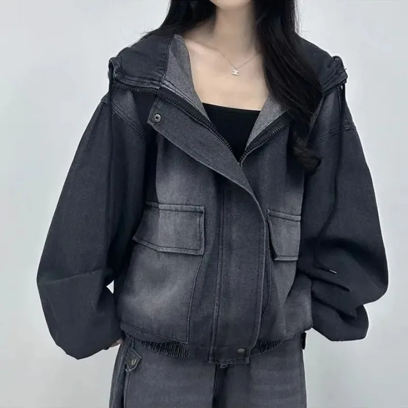 

Autumn Winter Loose Fit Casual Retro Zipper Hooded Denim Jaet Women's Long Sve Coat with Big kets Versatile