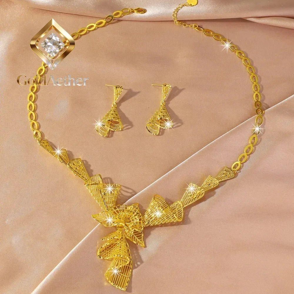 GoldAether Luxury 24K 9999 Pure Gold real gold Middle East Bride Unique Flower Necklace Earrings Set Chaingift