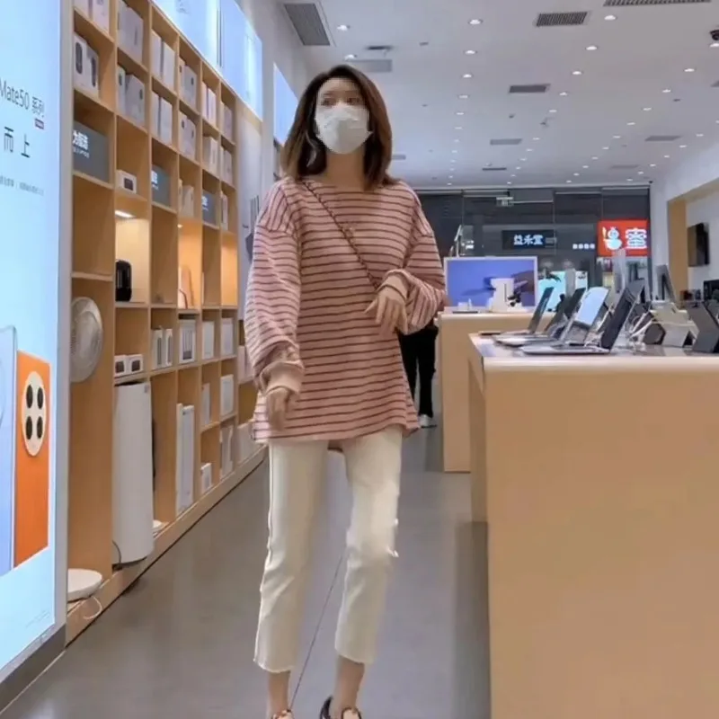 

Женская розово-коричневая полосатая футболка оверсайз с рукавом 3/4, повседневный свободный топ