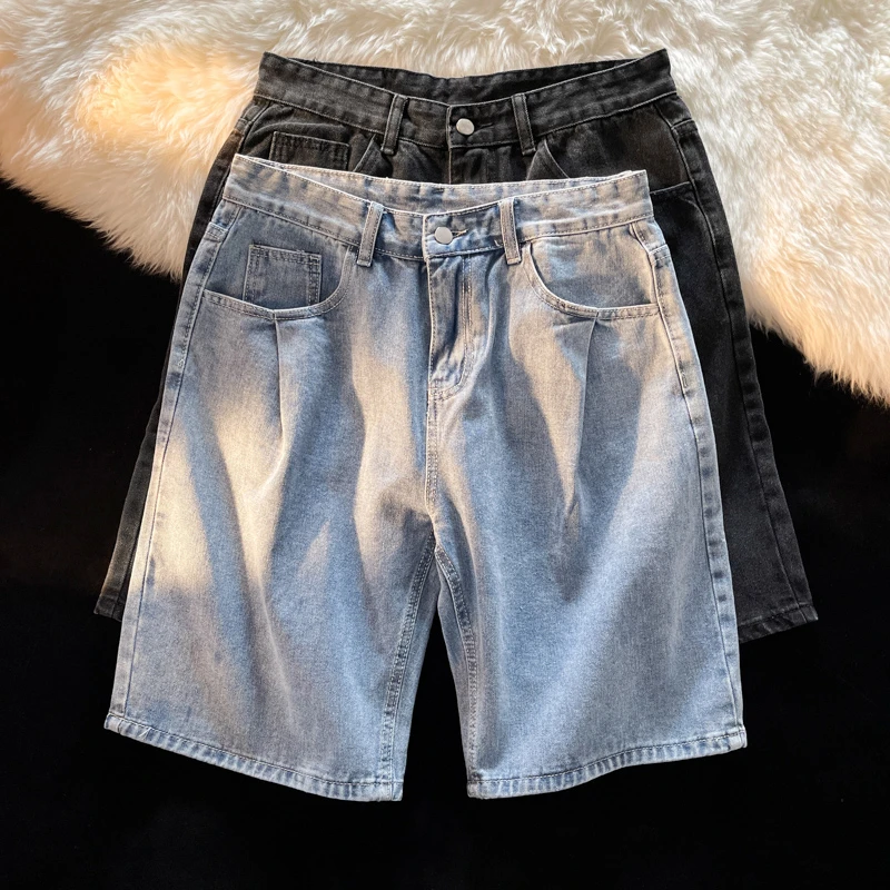 

2024 Men Summer Vintage Solid Color Denim Shorts Mens Baggy Straight Wide-Leg Shorts Male High Street Five-Point Short Jeans F75