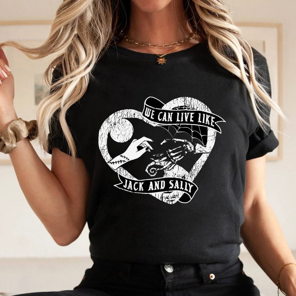 We Can Live Like Jack and Sally Halloween Cartoon Funny Women's T-Shirt Vintage Soft Summer Short Sleeve Cute Graphic Style Retr