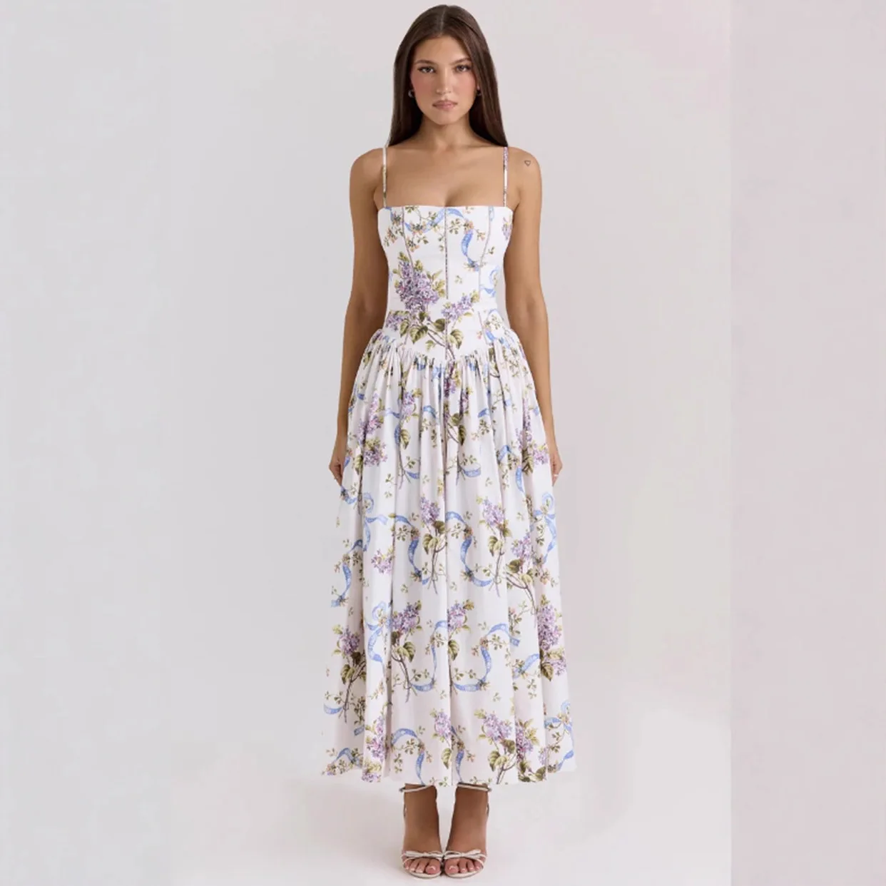 Women's White Floral Print Corset Maxi Dress Spaghetti Strap Pleated A-Line Summer Elegant Long Vacation Gown