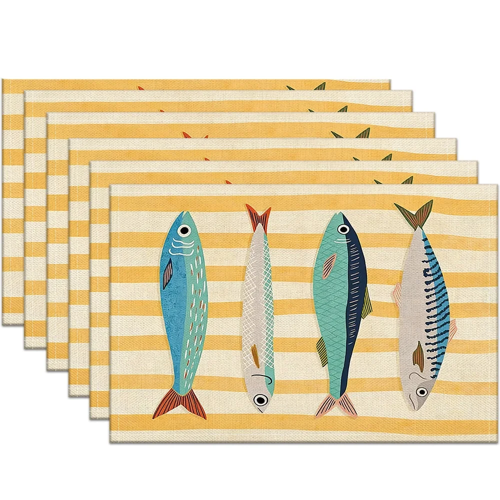 Striped Multicolor Fish Printed Placemats Nordic Folk Table Decor Yellow Stripe Tray Display Casual Seafood Home Decor