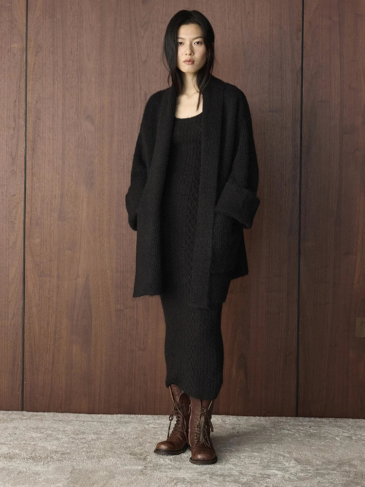 FANAN أنيقة الحياكة 2 قطعة مجموعة للنساء سترة معاطف فضفاضة + سليم فساتين بلا أكمام مكتب سيدة Sutis شتاء دافئ جديد #5