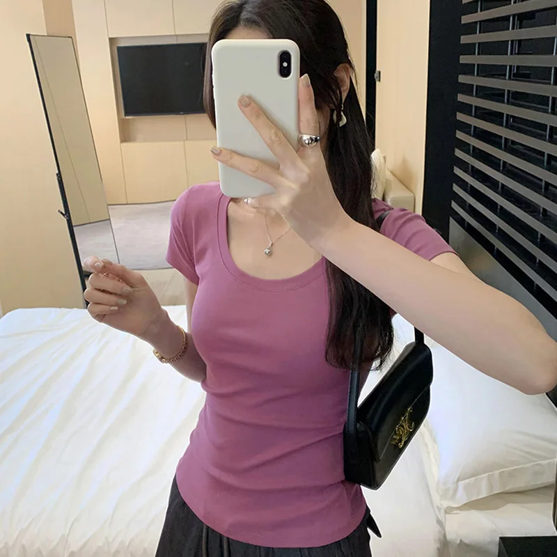 Camiseta informal de algodón para mujer, camisetas de manga corta, ropa de moda para mujer, camiseta básica ajustada con