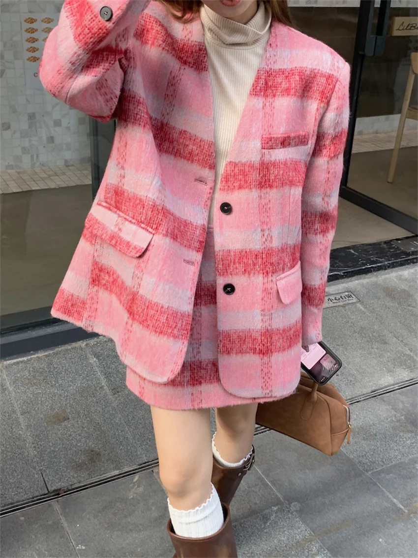 Alien Kitty Pink Winter Thicken Elegant Women Blazers Plaid Chic Woolen 2023 Sets Office Lady Sweet New Slim Mini Skirts Suits