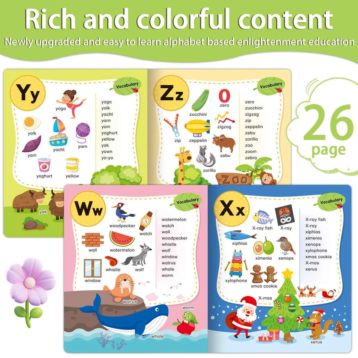 Reusable ABC Flashcard Book for Pre-School - Alphabet Learning Cards with Animals And Fruits Montessori Writing Exercises