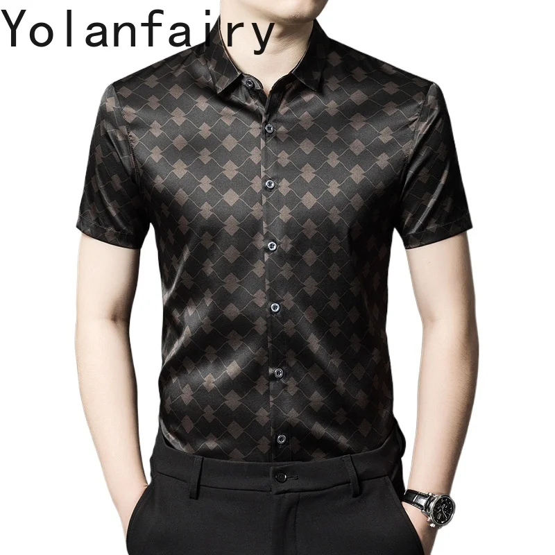 

YOLANFAIRY 92.5% Mulberry Silk Mens Shirts Summer Shirt Chemise Homme De Eté Men Shirts High Quality Mens Fashion Shirt Tops