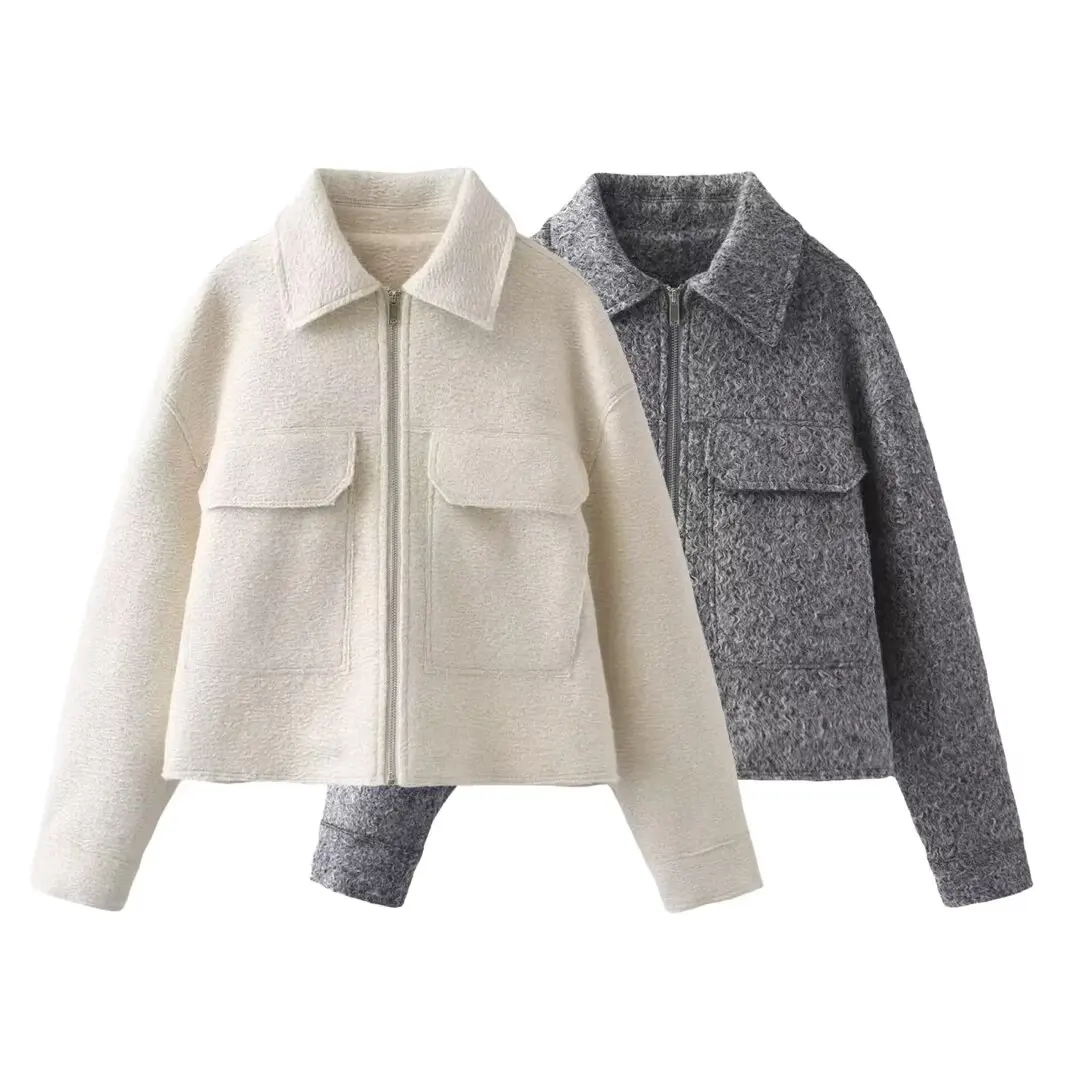 

Faionable ort Pearl Woolen Jaet Coat Women's New Autumn Winter Commute Sle Long Sve Zipper Pure Color Polyester