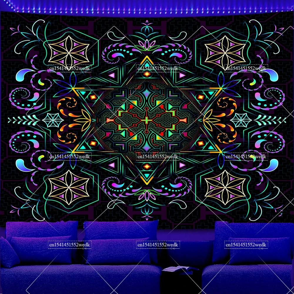 Neon Butterfly Blacklight Tapestry UV Reactive Mandala Floral Fluorescent Tapestrys Glow In The Dark Tapestry Aesthetic Backdrop