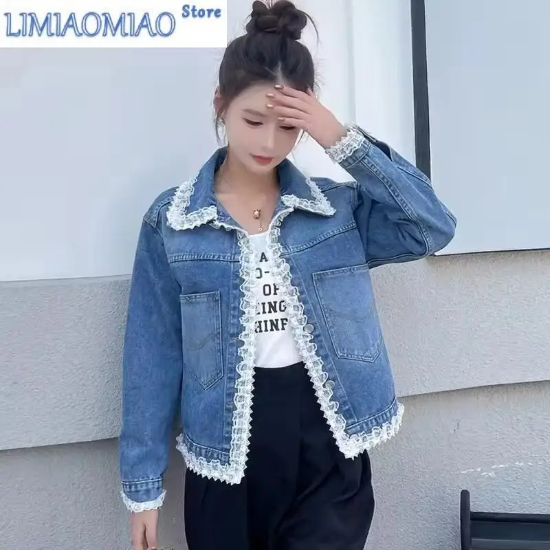 Spring Autumn Denim Jacket Women's New Design Sense Lace Stitching Cowboy Coat Ladies Loose Casual Short Jeans Outerwear