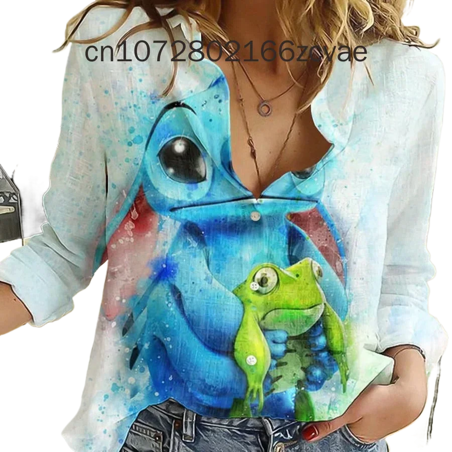 New Disney Stitch Women's Long Sleeved Shirt Fashionable and Elegant Button Shirt Disney Hawaii Y2K Casual Women's Shirt