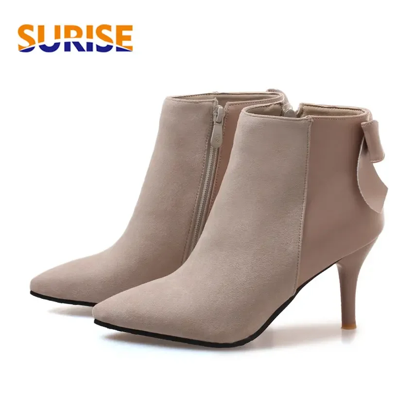 

Winter Women Ankle Boots High Thin Heel Casual Office Party Black Beige Flock Pointed Toe Bowtie Zipper Plush Ladies Short Boots