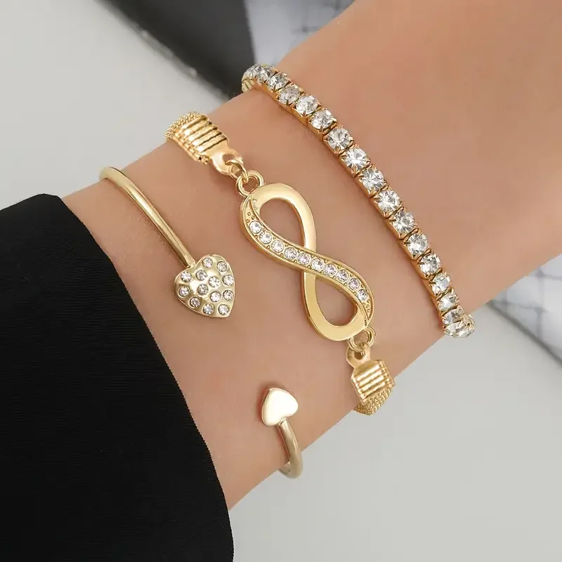 3pcs/Set Vintage Crystal Rhinestone Heart Bracelets for Women Fashion Geometric Adjustable Infinity Cuff Bangle Jewelry Gifts image 3