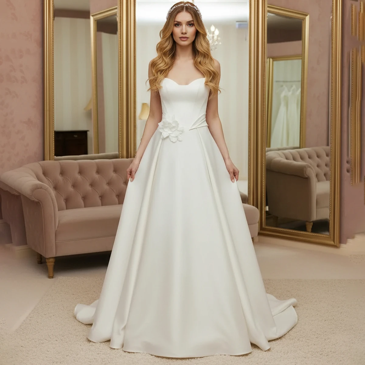 

Elegant Satin Sweetheart Wedding Dress For Bride Long Vestidos Novia A Line Ball Gown With Train Backless Bridal Party Gown