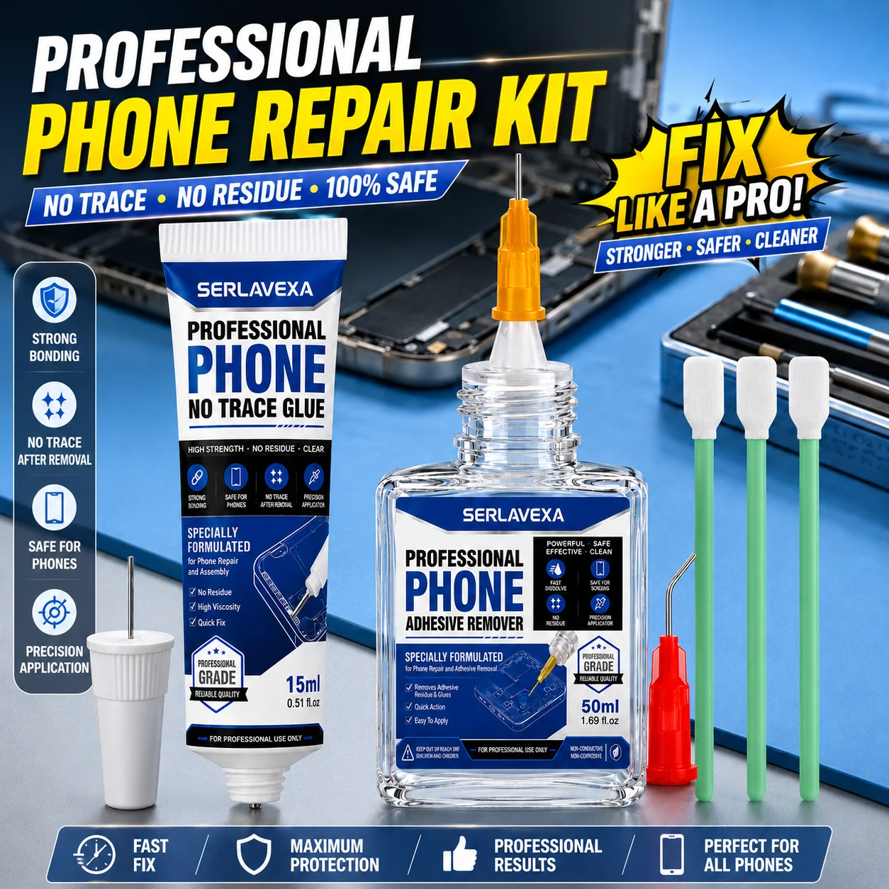 Kit de Remoção de Cola e Adesivos para Reparo de Celulares com Pontas de Precisão e Swabs de Limpeza para Tela, Tampa Traseira e Montagem da Estrutura