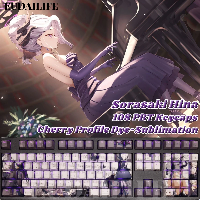 Sorasaki Hina 108 Keycap Blue Archive PBT DYE Sub Light Transmitting Cherry Switch Cross Key Cover for Mechanical Keyboard