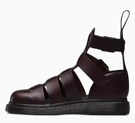 Roman Black Brown Genuine Leather Round Toe Gladiator Hollow Cuts Out High Top Sandals Man Double Belt Buckle Flat Short Boots