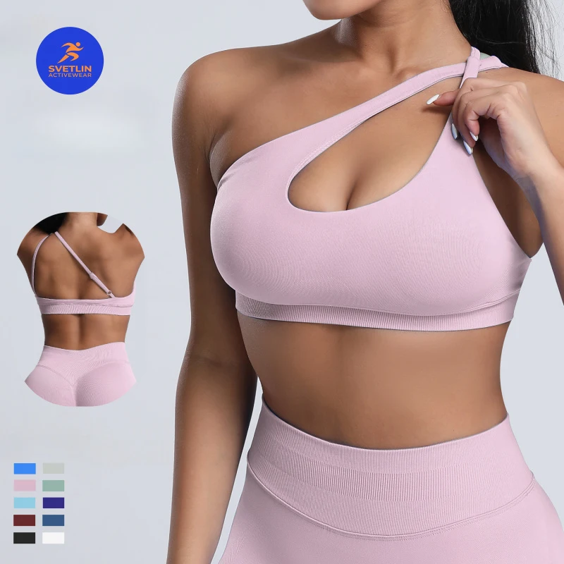 SVETLIN High Quality EU US Size Women Active Wear Tops New High-Elasticity Nylon Sports One-Shoulder Yoga Bra for Women