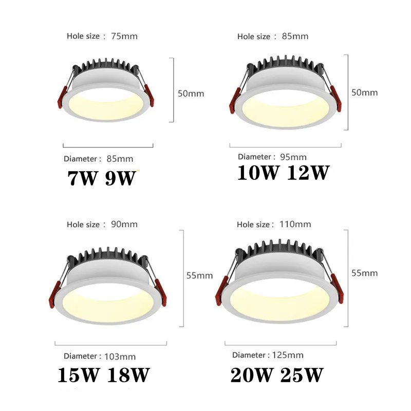 Dimmable Recessed Anti-Glare LED Downlight AC85~265V Ceiling Light Spot Light Indoor Lighting Background Light
