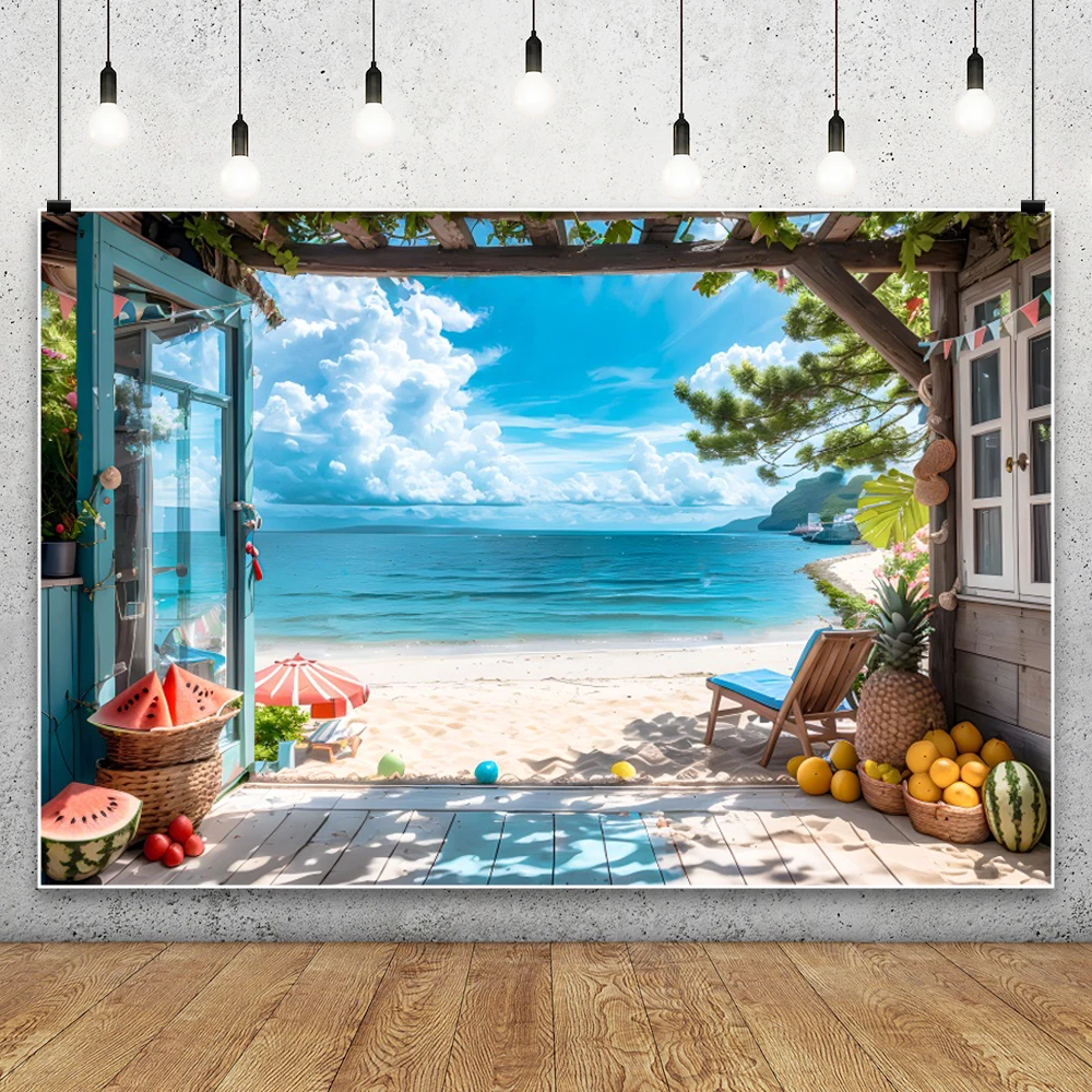 2025 الصيف شاطئ البحر الفواكه الاستوائية التصوير خلفية أشعة الشمس شاطئ أشجار النخيل عطلة التخييم حفلة صور خلفية الاستوديو