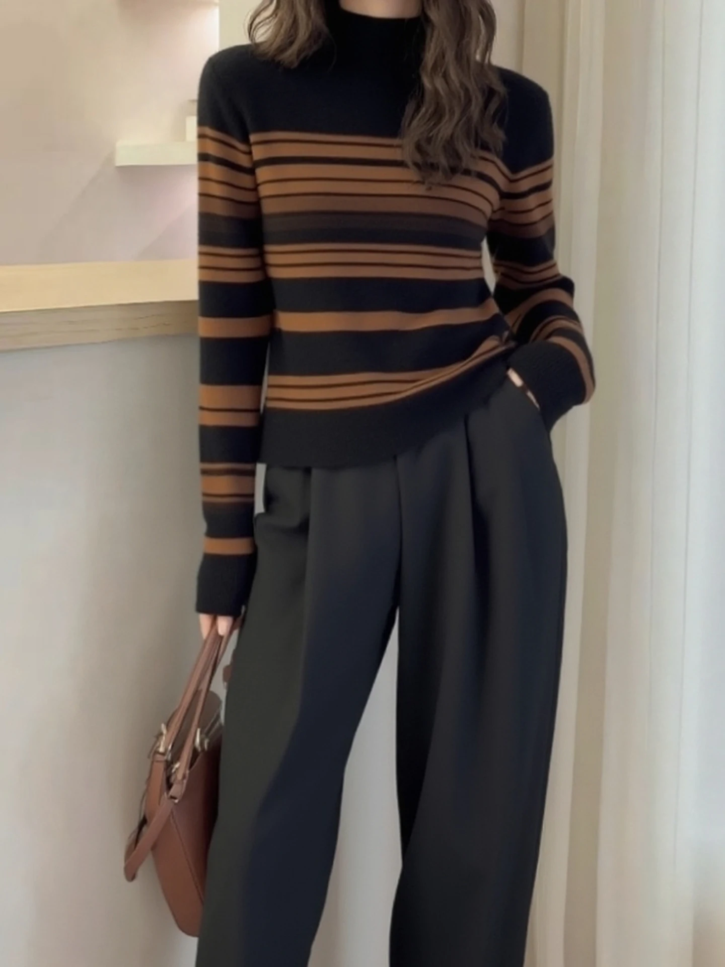 

Unique Knitted Stripe Sweater Long Sve Women's Sle Commute Faion Base Layer irt Slimming Effect Autumn Winter Knitwear
