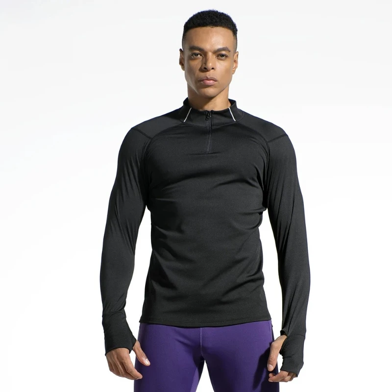 Men's Finger Hole Design Fall Winter Compression Shirt Half Zip High Neck Quick Dry High Stretch Running Gym Training Sport Top view 4