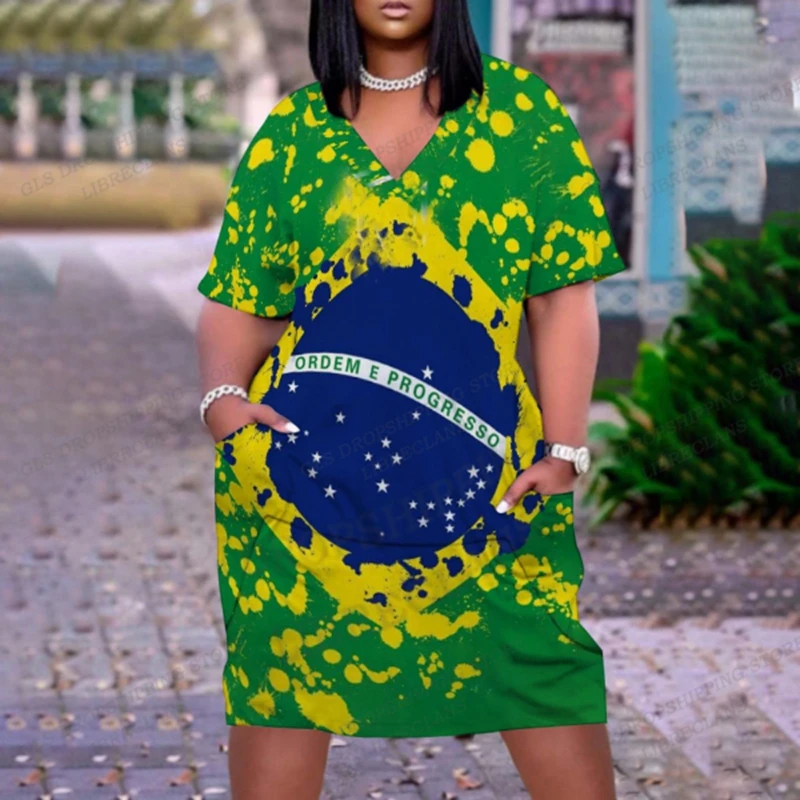 Brazil Flag Dress Women Fashion Midi Dresses Party Evening Short Sleeve Brasil Flag Dress Beach Bohemian Elegant Loose Sundress