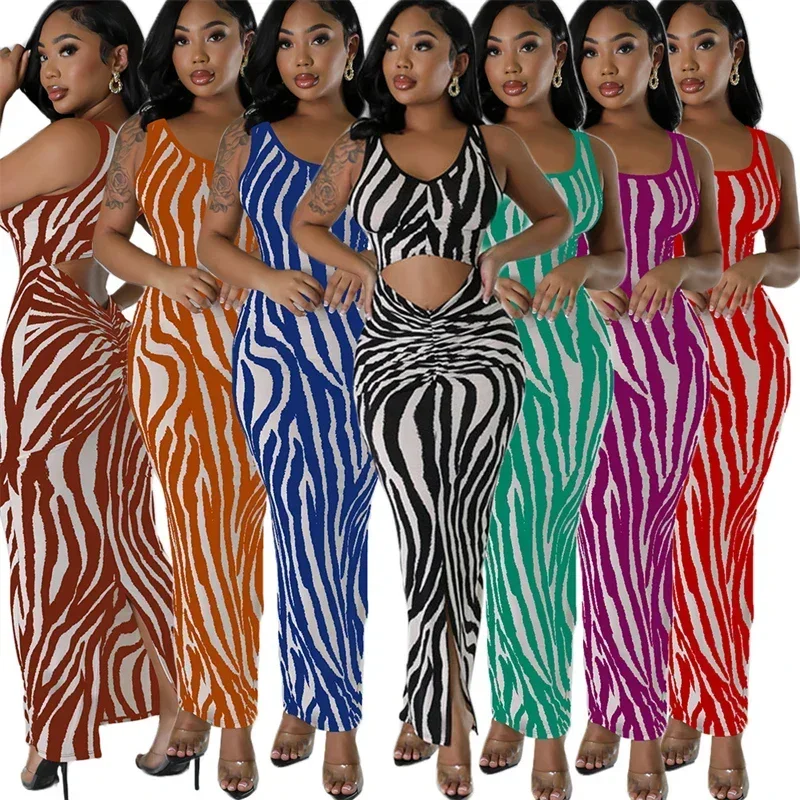 Sexy Zebra Stripes Bodycon Maxi Dress Women Party Club Elegant Hollow Out Ruched Tank Sleeveless Long Dresses Vestidos