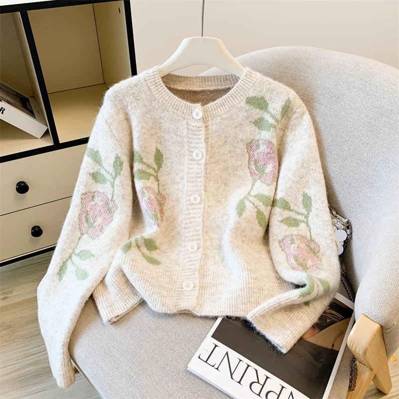 

Women's round Neck Long Sleeves Floral Print Knit Cardigan American High Street Harajukuesthetic Retro Top Winter Fashion 2025