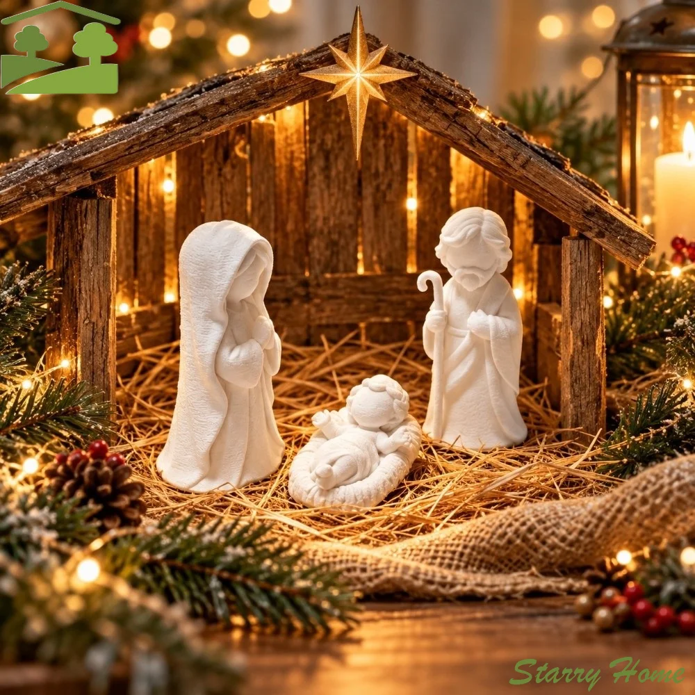 3 pcs Xmas Scene Decor Jesus Christ Family Figurine Cartoon Cute Christian Nativity Family Sculpture 3D Printed Holiday Gift