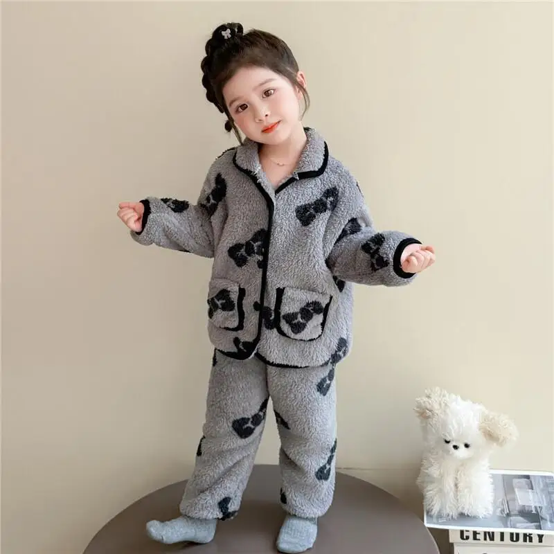 

Осенне-зимний повседневный пижамный комплект для девочек, теплая утепленная домашняя одежда, домашняя одежда с бантом и принтом, удобная детская одежда для детей от 7 до 12 лет