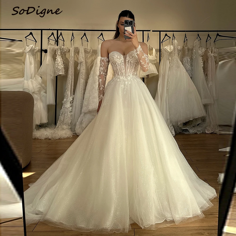 SoDigne A-line Appliques Glitter Tulle Wedding Dresses Sweetheart Bride Dress Long Wedding Gown vestidos de novia Customized