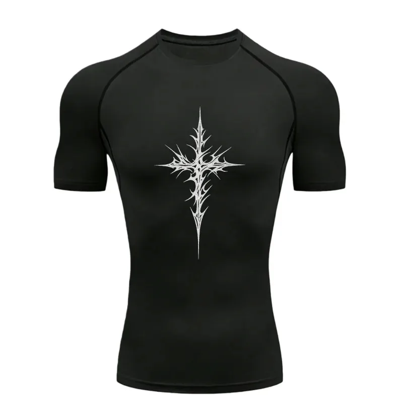 Spiked Cross Design 2026 Men Sports T-shirt Training Fitness Compression Workout T-Shirt Quick Dry Short Sleeve T-Shirt For Men