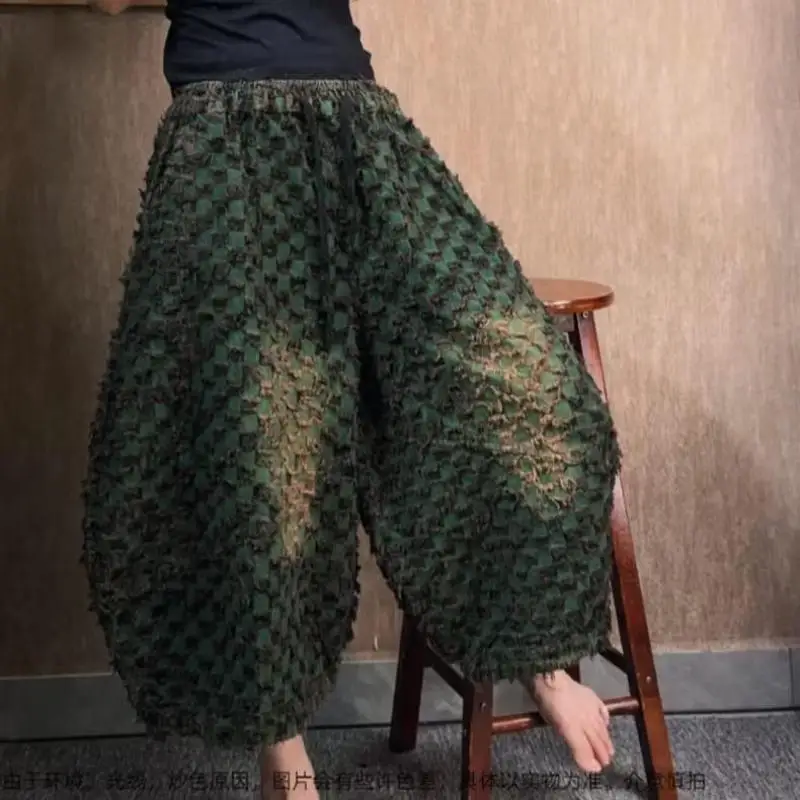 New 2026 Spring Autumn Arts Style Women Elastic Waist Loose Casual Jeans Vintage Plaid Cotton Denim Harem Pants High Quality F99