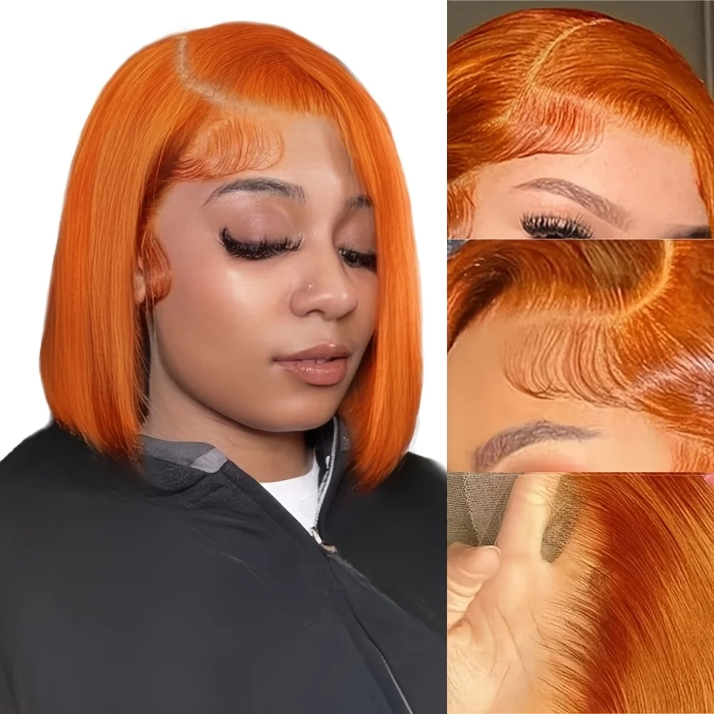 

Orange Ginger 13x4 Lace Front Bob Wigs Human Hair Pre Plucked 180% Density Straight Short Ginger Bob Wigs for Black Women