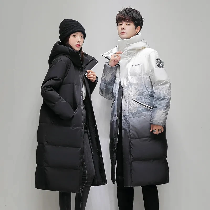 Women Men New Down Jacket Long Down Coat Couple Windproof Hooded Sportswear Over The Knee Long Puffer Jacket Parkas Outerwears