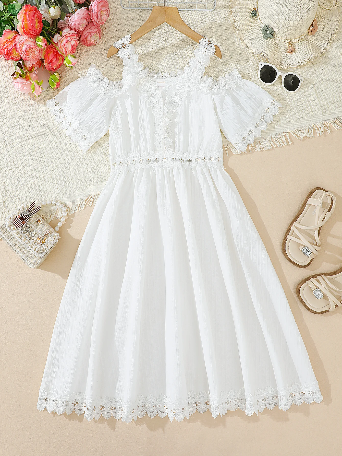 Tween Girls' Lace Trim Fashion Princess Dress Summer Outdoor Beach Vacation Suitable One Piece Children's Clothing