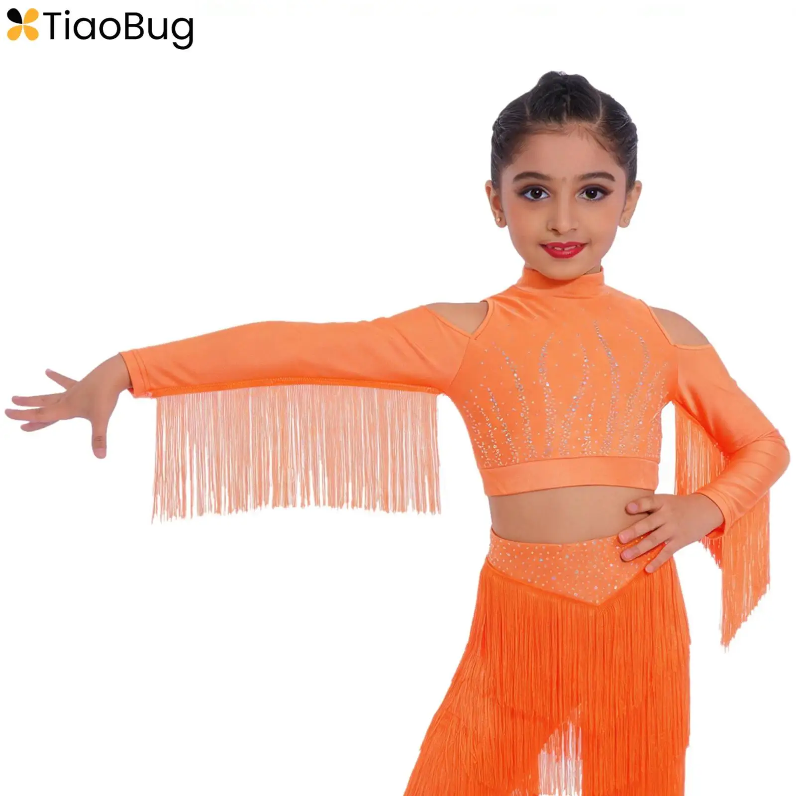 

Детский танцевальный костюм для девочек: топ с открытыми плечами, длинными рукавами, бахромой и кисточками, укороченный жилет для балета и соревнований по танцам
