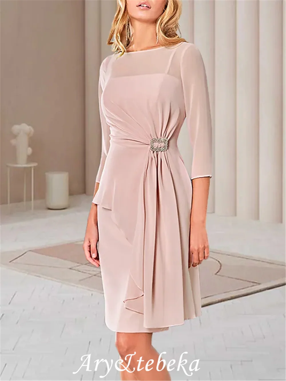 

Sheath Mother of the Bride Dress Elegant Jewel Neck Knee Length Chiffon Half Sleeve with Ruffles Crystal Brooch Side-Draped