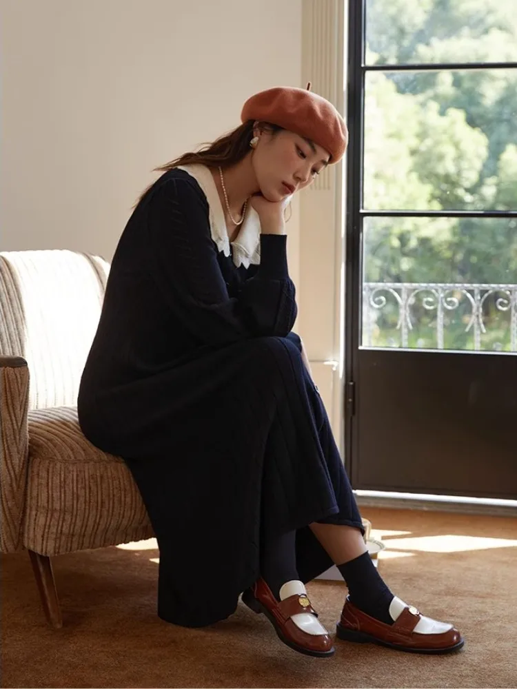 Gentle Style Doll Neck Long Dress For Women 2024 Autumn And Winter Spliced Bubble Sleeves Black Knitted Skirt