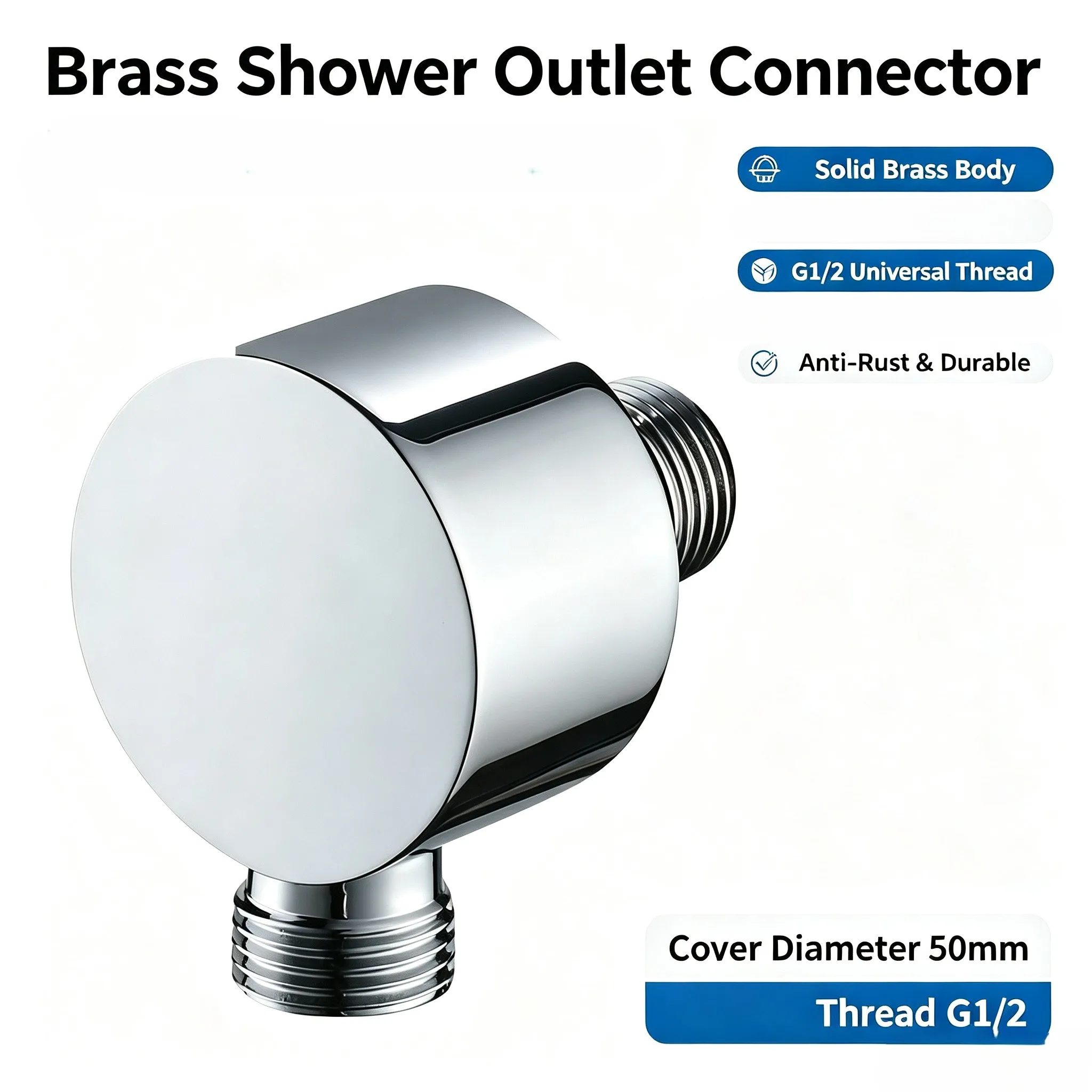 Brass Shower Outlet Elbow Connector 50mm Cover G1/2 Thread Wall Mount Shower Hose Adapter Chrome Plated Bathroom Accessory