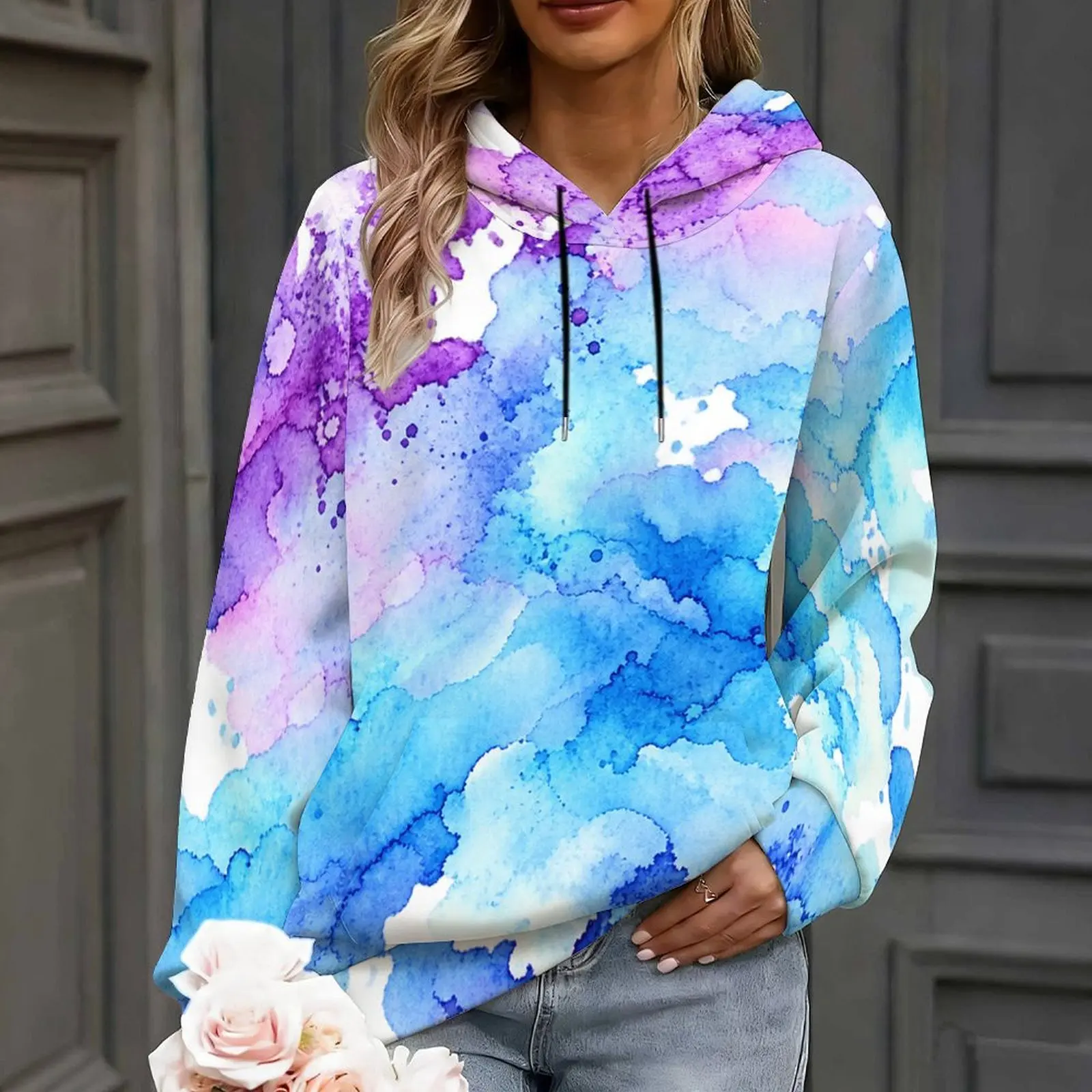 Women Abstract Brush Stripe Printed Long Sleeve Pullover Hoodie with Drawstring Hood and Kangaroo Pocket