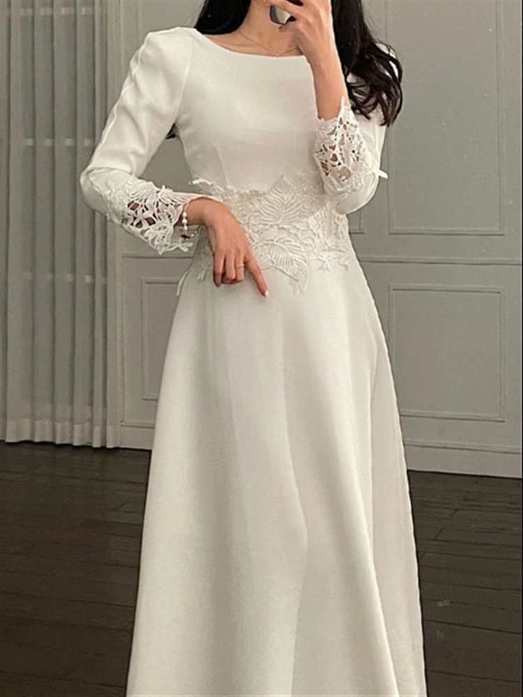 Lace Maxi Dress for Women Fall Clothes Female 2022 Solid White Party Embroidery High Waist Elegant Vestido De Mujer Woman Dress