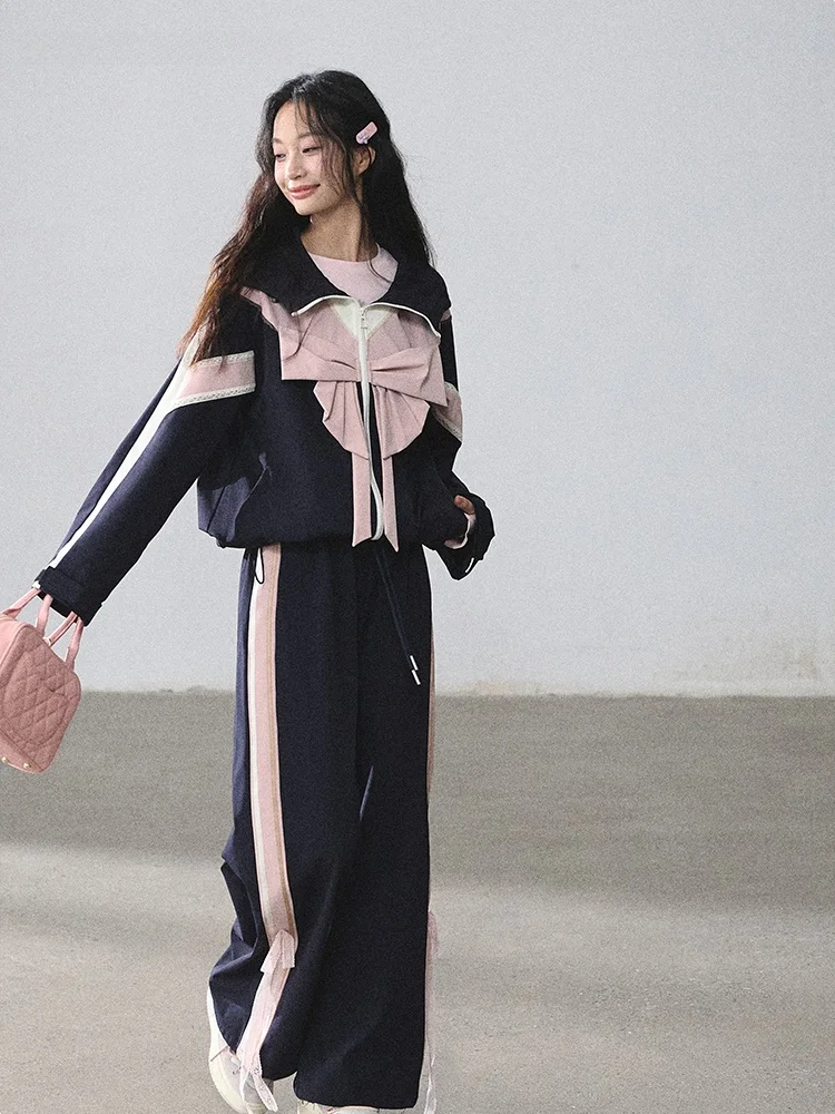 Lulusmiracle College Open Day  Knot Color Block Hoodie Casual Pants Set Women's Fashion Ensemble Korean Style Loose Fit