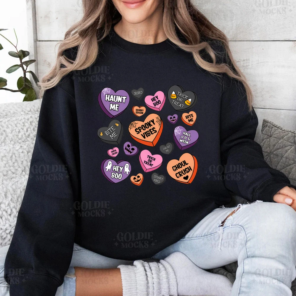 Candy Hearts Halloween Hoodie Retro Halloween Sweatshirt Halloween Sublimation Design Women Sweatshirt Spooky Vibes Women Hoodie